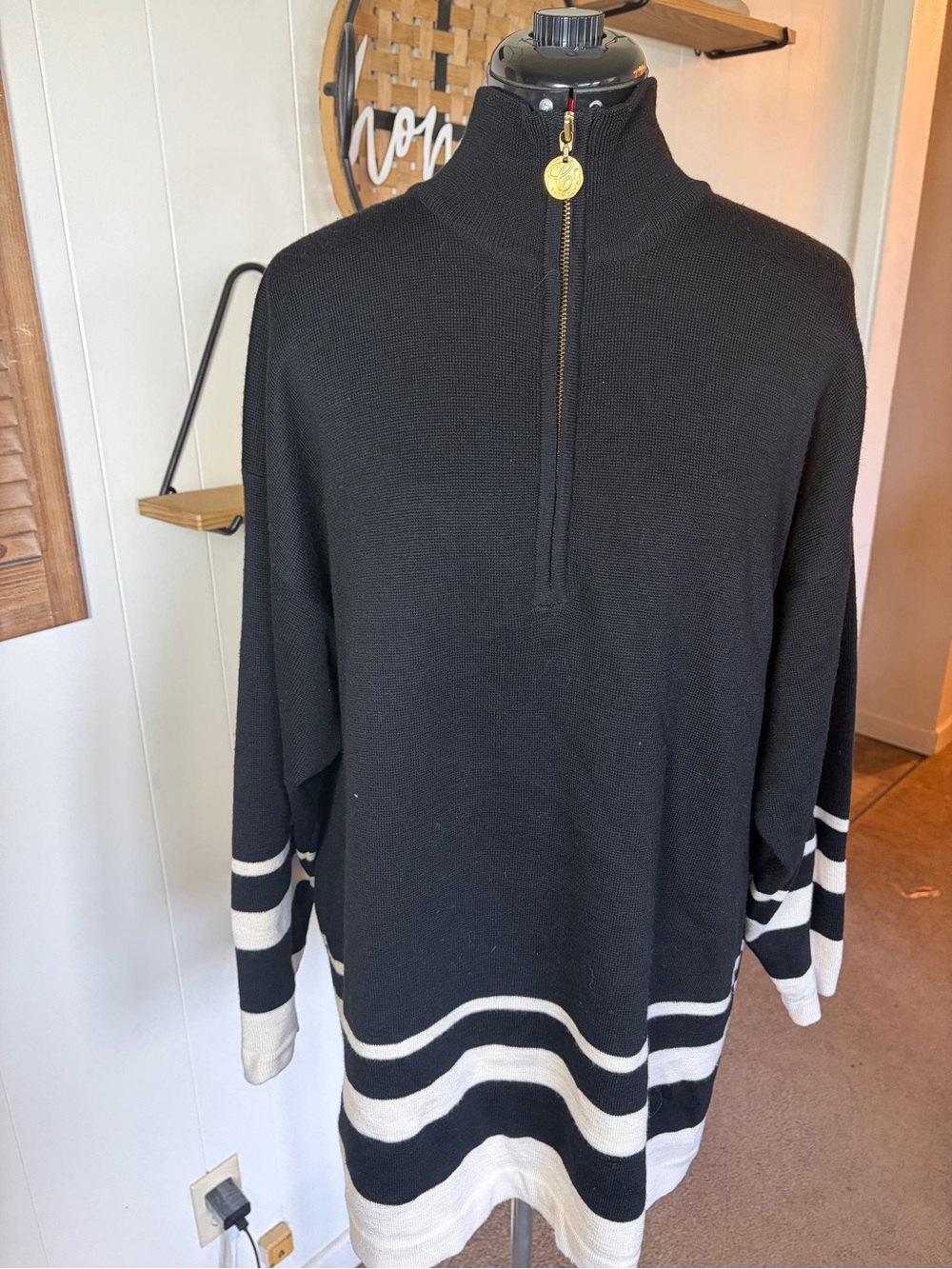 Classiques Entier Black and White Striped Zip Mock-Neck Sweater